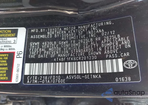 2012 Toyota Camry Le из США, поврежденный, VIN 4T4BF1FK6CR201230